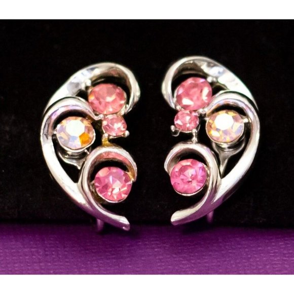 Vintage Broken Heart Pink Rhinestones Silver Tone Clip On Earrings by Coro - Q39 - Picture 2 of 3